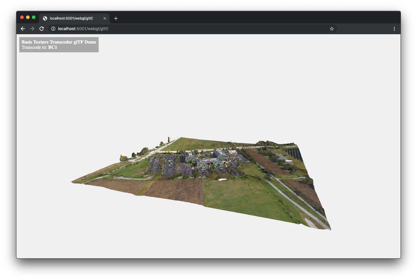 Screenshot showing a basis texture rendered as the base color texture for a 3D model in a webpage.